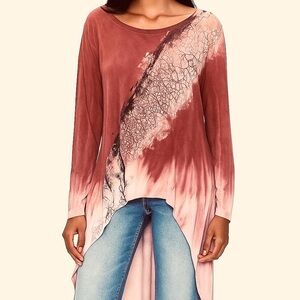 Art of Cloth Tie Dye High Low Long Sleeve Tunic Blouse Maroon Red Size M